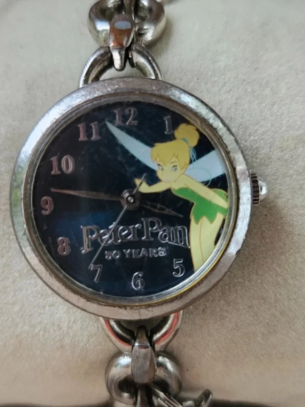 Disney Peter Pan Women Wristwatch Silver Tone Metal Strap 50 Years Wrist Watch